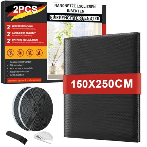 ZUIYIN Fliegengitter Fenster Insect Stop 2er Pack,Insektenschutz Fenster Ohne Bohren 150x250 cm, Fliegennetz, Mückennetz Fenster, Fenstergitter Insektenschutz, Schwarz ZUIYIN Fliegengitter Fenster Insect Stop 2er Pack,Insektenschutz Fenster Ohne Bohren 150x250 cm, Fliegennetz, Mückennetz Fenster, Fenstergitter Insektenschutz, Schwarz von ZUIYIN
