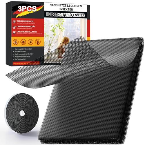 ZUIYIN Fliegengitter für Fenster (3er Set | 130 x 150 cm | Schwarz) – Zuschneidbarer Insektenschutz & Mückenschutz Fenster ohne Bohren, Upgrade 2.0 mit Stärkerer Klebekraft von ZUIYIN