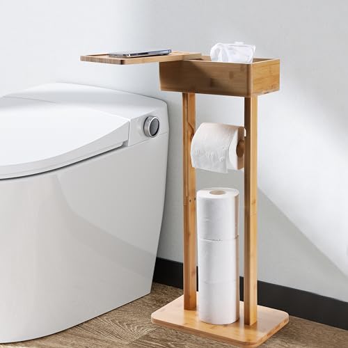 ZUJJAFY Toilettenpapierhalter aus Bambus, freistehender Toilettenpapierhalter mit Ablage und Aufbewahrungsbox, Toilettenpapierrollenhalter für Badezimmer & WC Ersatzrollen Aufbewahrung von ZUJJAFY
