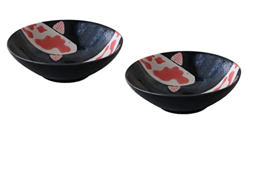 Minorutouki Japanische Mino-yaki Keramik-Reisschalen, 14,5 cm, mit rotem Karpfenmuster, Schwarz, hergestellt in Japan von ZUKBEN