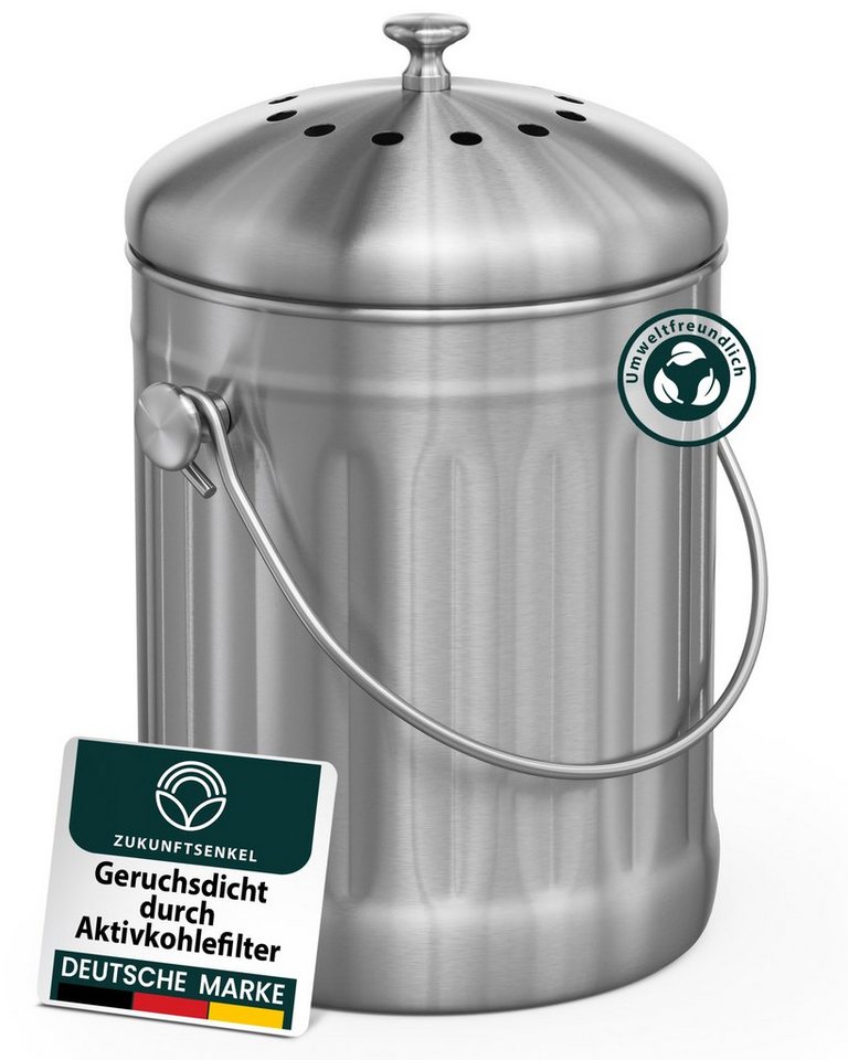 ZUKUNFTSENKEL Biomülleimer Küche Komposteimer Geruchsdicht, Bioeimer Mit Aktivkohlefilter, Silber 5,5L von ZUKUNFTSENKEL