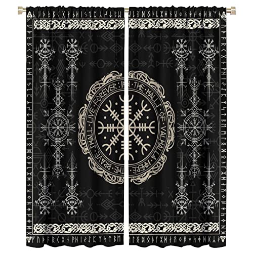 ZUMAHA Norse Vikings Blackout Vorhänge - Druck schwarz Wikinger magische Retro-Kompass nordische mystische Symbol Stabtasche Energieeinsparung Thermisch isolierte Vorhänge, 107Wx137L cm von ZUMAHA