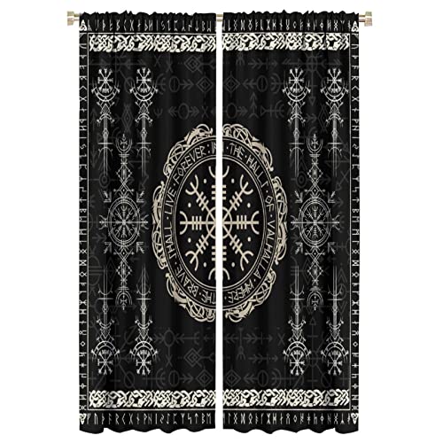 ZUMAHA Norse Vikings Blackout Vorhänge - Druck schwarz Wikinger magische Retro-Kompass nordischen mystischen Symbol Stabtasche Energieeinsparung Thermisch isolierte Vorhänge, 107Wx160L cm von ZUMAHA