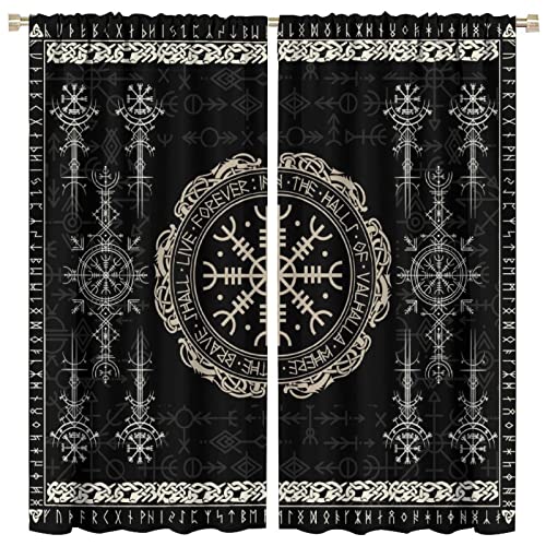 ZUMAHA Norse Vikings Blackout Vorhänge - Druck schwarz Wikinger magische Retro-Kompass nordischen mystischen Symbol Stabtasche Energieeinsparung Thermisch isolierte Vorhänge, 160Wx160L cm von ZUMAHA