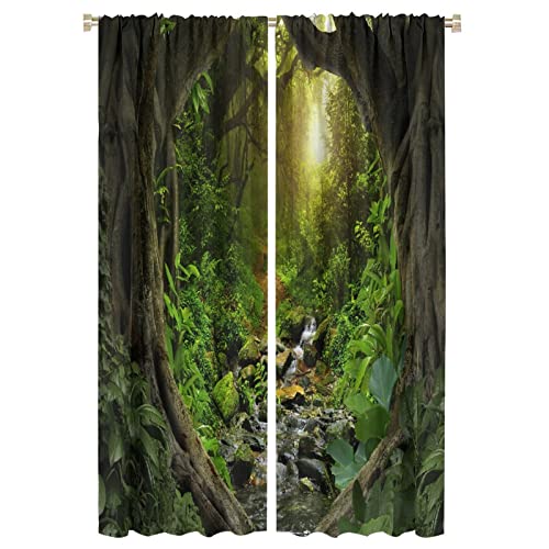 ZUMAHA Tropical Forest Rod Pocket Blackout Curtains for Living Room,Thermal Insulated Room Darkening Natural Landscape Jungle Rainforest Green Tree Print Bedroom Curtains,42x63in von ZUMAHA