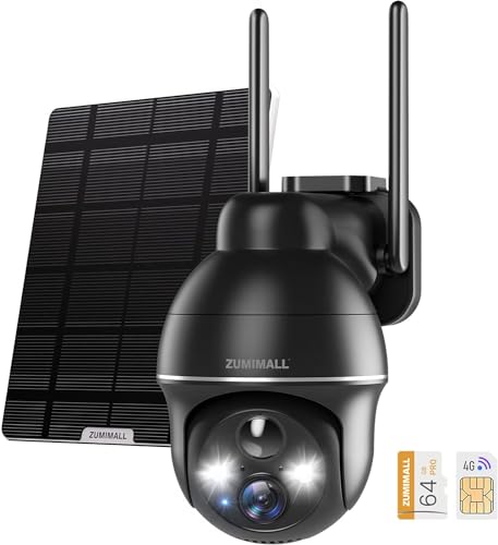 ZUMIMALL 3G/4G LTE Überwachungskamera Aussen mit SIM/64GB SD Karte, 2K Kabellos Solar 360°PTZ Kamera mit Farb-Nachtsicht 2-Way Talk, Bewegungsalarm von ZUMIMALL