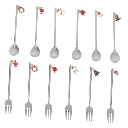 ZUNOXAZ 12 Stück Teiliges Edelstahl Besteckset Weihnachtsmotive Praktische Kaffeelöffel und Dessertgabeln Spülmaschinenfest Vielseitig für Kaffee Getränke und Desserts Festliche Küchendeko von ZUNOXAZ