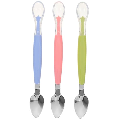ZUNOXAZ 3 Stück Teiliges Fütterungslöffel Doppelseitiger Edelstahl und Silikonlöffel für Babynahrung Weiche Silikonspitze zum Schaben und Löffeln von Obstbrei Schonend für Junge Mädchen von ZUNOXAZ