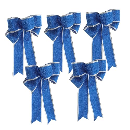 ZUNOXAZ 5 Stück Glitzernde Weihnachtschleifen Stoff Schleifenband Knotenbänder Blau für Weihnachtsbaum Dekoration Tür Wand Tisch Festliche Geschenkverpackung von ZUNOXAZ