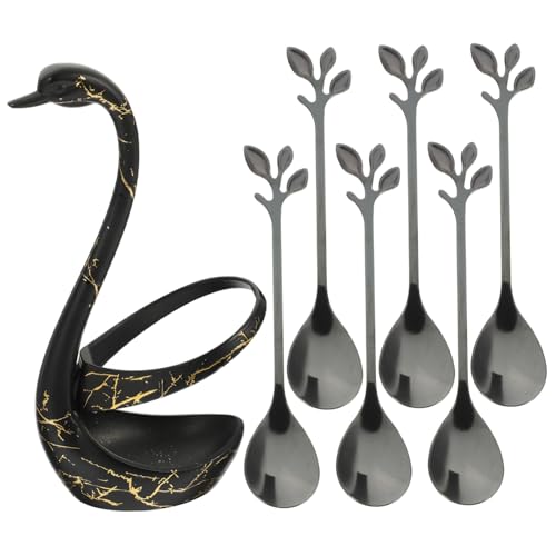 ZUNOXAZ Edelstahl Kaffee Löffel Set mit Schwan förmigem Halter Dessert Obstgabel Set Tragbar Handpoliert Vielseitig für Getränke und Kuchen Leicht zu Reinigen von ZUNOXAZ
