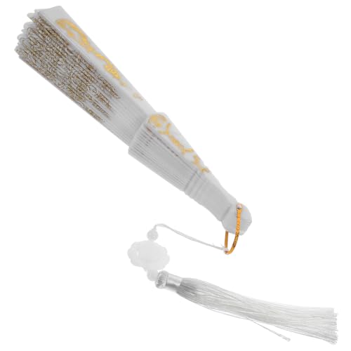 ZUNOXAZ Faltbarer Handfächer mit Besticktem Blumenmuster Chinesischer Stil Eleganter Weißer Goldgeprägter Quastenfächer Langlebig für Tanz Hochzeit Fotografie und Sommerreisen von ZUNOXAZ