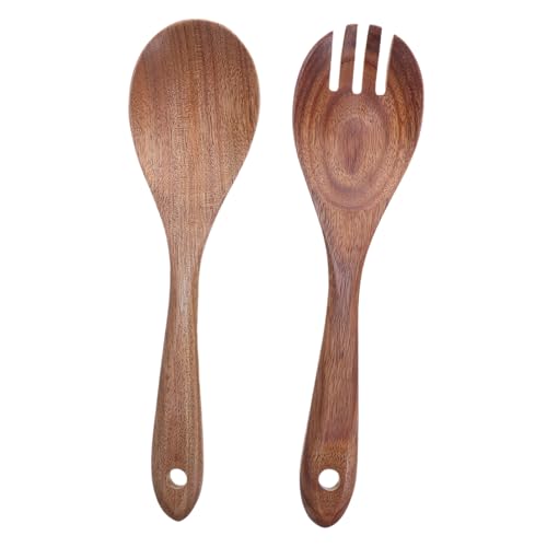 ZUNOXAZ Holz Salatlöffel und Gabel aus Natürlichem Holz Vielseitig für Salate Nudeln und mit Langen Griffen für Sicheres Anrühren und Servieren bei Hitze Schonend zu Antihaft Kochgeschirr von ZUNOXAZ