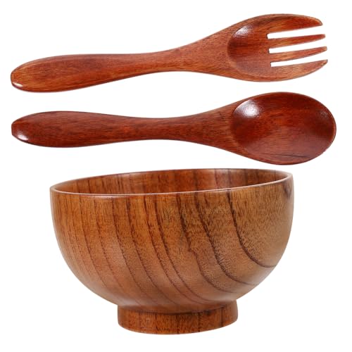 ZUNOXAZ Natürliche Holzschale mit Löffel und Gabel Leichte Servierschalen aus Sicherem Naturholz Tiefe Salatschüsseln für Obst Reis Suppe Vielseitig Einsetzbar für Haushalt und Party von ZUNOXAZ