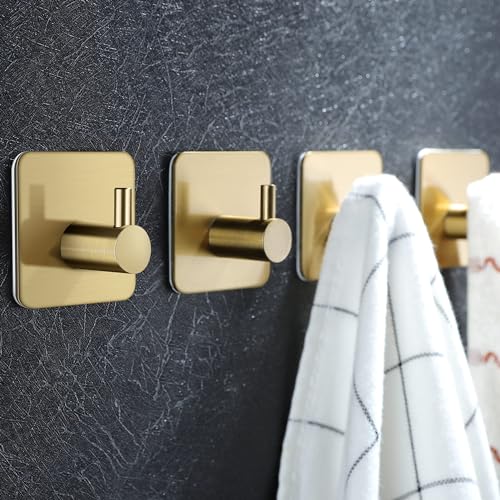 ZUNTO 4 Stück Handtuchhaken Ohne Bohren - Golden Haken Selbstklebend Klebehaken Bad Edelstahl Wandhaken für Badezimmer und Küche von ZUNTO