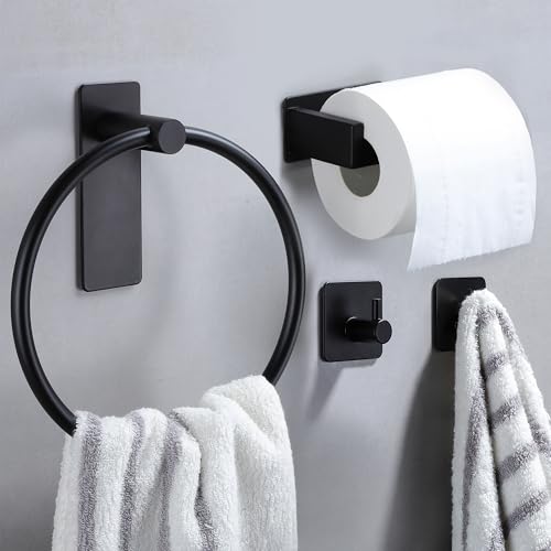 ZUNTO Handtuchring Set, Handtuchhalter Ring Schwarz + Toilettenpapierhalter Ohne Bohren + 2 Stück Handtuchhaken Haken Ohne Bohren, für Küche und Badezimmer, Selbstklebend Edelstahl von ZUNTO