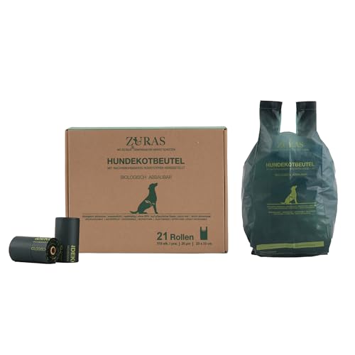 ZURAS® 100% Biologisch abbaubare Hundekotbeutel mit Henkel auf pflanzlicher Basis, 315 Kotbeutel, 21 Rollen, 20µm extra dick, reißfest und wasserdicht, DIN EN 13432, kompostierbar von ZURAS