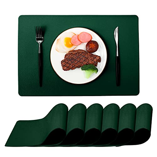 ZURLEFY Dunkelgrüne Tischsets für den Innenbereich, 6er-Set, waschbare abwischbare Tischsets, wasserdichte Ledertischmatten-Sets für Küche, Esszimmer (Dunkelgrün6) von ZURLEFY
