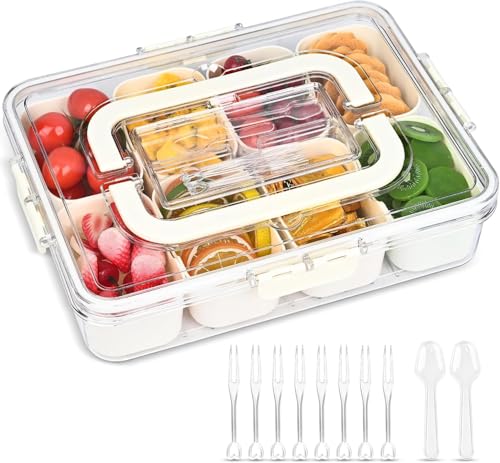 ZUSKYZU Snackbox mit 8 Fächern, Snackteller aus PP Spülmaschinenfest, Snackschale mit Deckel und Griff, Tragbar Snackbox Organizer für Süßigkeiten Obst Keksen Dessert Gemüse Nüsse von ZUSKYZU
