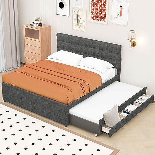 ZUUYEE Ausziehbares Bett Polsterbett 140x200 mit DREI Schubladen, Familienbett, Bett 140x200 mit Lattenrost und Verstellbares Kopfteil, Grau von ZUUYEE