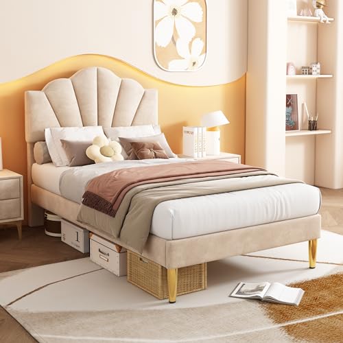 ZUUYEE Bett 90x200, Samt Polsterbett mit Lattenrost und Kopfteil, Holzbett Einzelbetten 90x200, Goldenen Eisenbeinen, ohne Matratze, Beige von ZUUYEE