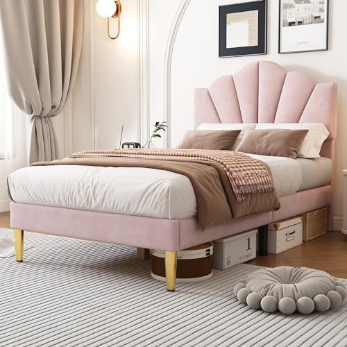 ZUUYEE Bett 90x200, Samt Polsterbett mit Lattenrost und Kopfteil, Holzbett Einzelbetten 90x200, Goldenen Eisenbeinen, ohne Matratze, Rosa von ZUUYEE