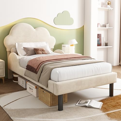 ZUUYEE Jugendbett 90x200 mit Wolkenkopfteil, Einzelbetten 90x200, Luxuriöses Samt Kopfteil und Geschwungenen Seitenschienen, Polsterbett Einzelbett, ohne Matratze, Beige von ZUUYEE