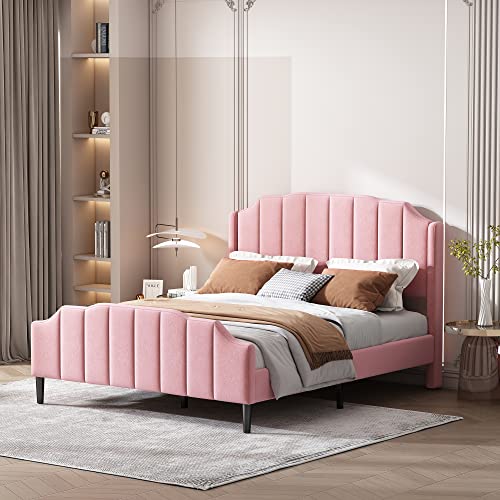 ZUUYEE Polsterbett 140x200 cm, Jugendbett Bettrahmen mit Kopfteil und Lattenrost, Samt Gepolstertes Doppelbett Gästebett, Bett 140x200, Rosa von ZUUYEE