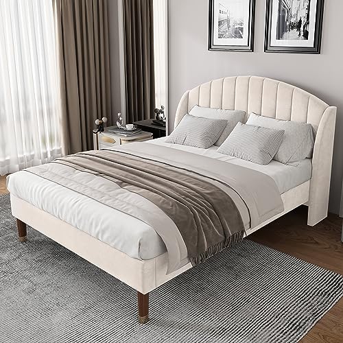 ZUUYEE Polsterbett 140x200 mit Lattenrost und Kopfteil, Jugendbett Doppelbett, Samt Bett 140x200, Beige von ZUUYEE