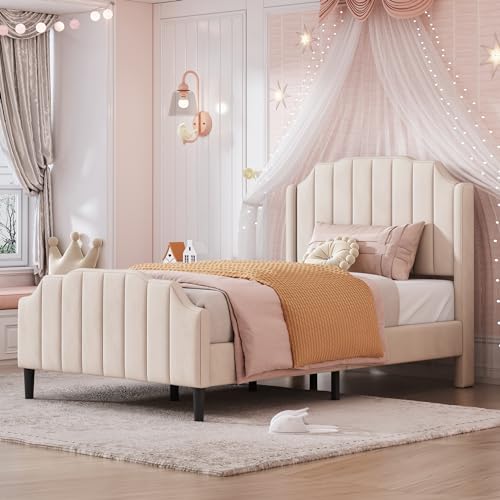 ZUUYEE Polsterbett 90x200 cm, Kinderbett Bettrahmen mit Kopfteil und Lattenrost, Samt Gepolstertes Einzelbett Jugendbett Gästebett, Bett 90x200, Beige von ZUUYEE