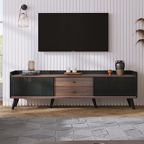 ZUUYEE TV-Schrank mit Zwei Schubladen, Fernsehtisch TV Board, TV-Lowboard niedrige Platte mit Zwei Schiebetüren. Schwarz und Holzfarbe. 160 cm von ZUUYEE