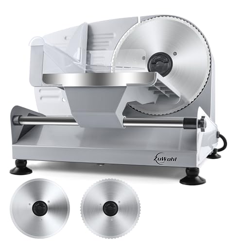 200Watt Elektrischer Allesschneider Edelstahl - Verstellbare Küchenmaschine 0 bis 15mm - 2 Klingen - Wurstschneidemaschine - Brotschneidemaschine, Schinkenschneider (200Watt+Silber+2Klingen) von ZUWOHL
