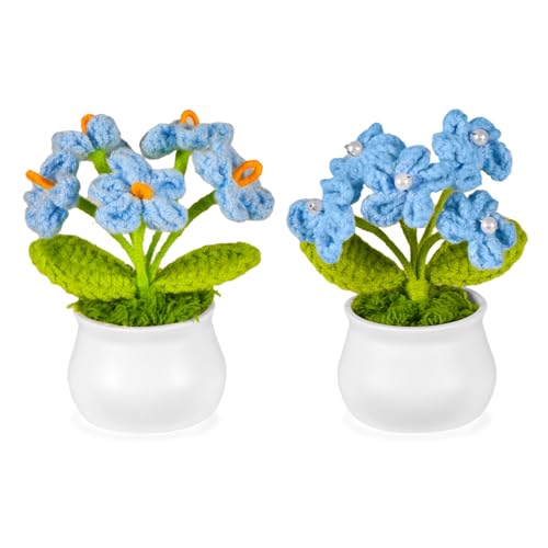 ZUXOLBIN 2 Stück Künstliche Blume Blau Vergiss Mich Nicht Häkeln Blumen Topfpflanze Mini Gestrickte Blumentopf Handgefertigte Kunstblumen Schreibtisch Dekor für Wohnzimmer Büro Auto Tischdekoration von ZUXOLBIN