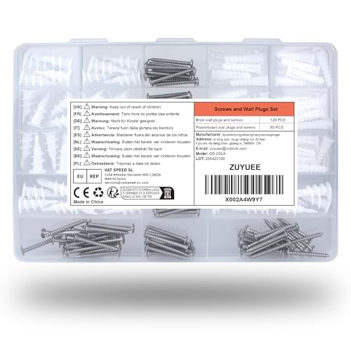 ZUYUEE 200 Stück Dübel und Rostfreie Schrauben Set, (15x33mm) Gipskartondübel Set von ZUYUEE