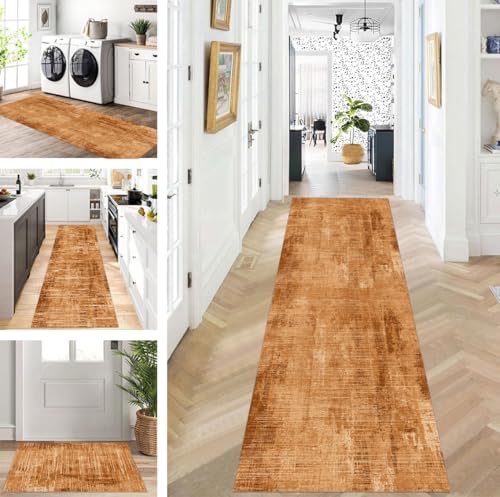 Abstrakte Läufer Flur Küche Waschbar rutschfest Korridor Teppichmatten 110X400cm Lang Orange Braun Küchenteppich Flurteppich Läufer Schlafzimmer Esszimmer Polyester Teppichläufer Meterware Anpassbar von ZUZEKU