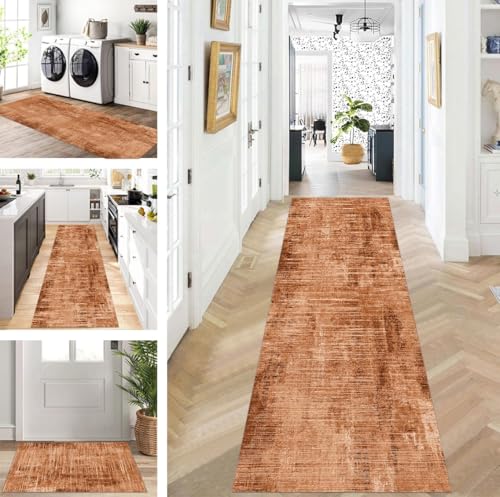 Abstrakte Läufer Flur Küche Waschbar rutschfest Korridor Teppichmatten 110X450cm Lang Warm braun Küchenteppich Flurteppich Läufer Schlafzimmer Esszimmer Polyester Teppichläufer Meterware Anpassbar von ZUZEKU