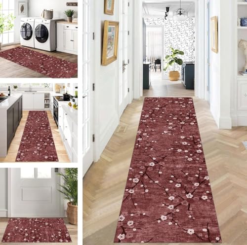 Abstrakte Läufer Flur Küche Waschbar rutschfest Korridor Teppichmatten 50X350cm Lang Dunkelrot Küchenteppich Flurteppich Läufer Schlafzimmer Esszimmer Polyester Teppichläufer Meterware Anpassbar von ZUZEKU