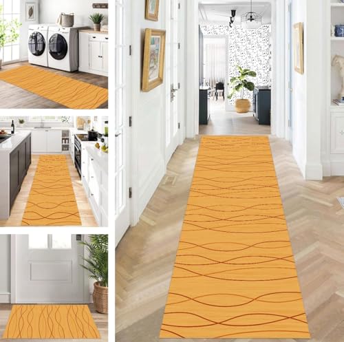 Abstrakte Läufer Flur Küche Waschbar rutschfest Korridor Teppichmatten 60X180cm Lang Gelb Braun Küchenteppich Flurteppich Läufer Schlafzimmer Esszimmer Polyester Teppichläufer Meterware Anpassbar von ZUZEKU