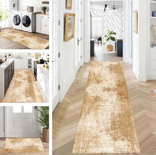 Abstrakte Läufer Flur Küche Waschbar rutschfest Korridor Teppichmatten 80X150cm Lang Hellbraun Küchenteppich Flurteppich Läufer Schlafzimmer Esszimmer Polyester Teppichläufer Meterware Anpassbar von ZUZEKU