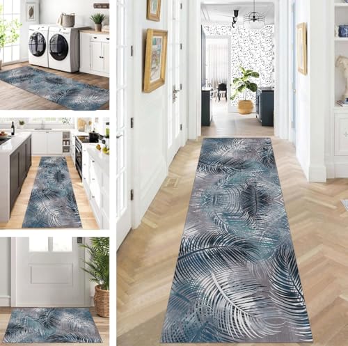 Abstrakte Läufer Flur Küche Waschbar rutschfest Korridor Teppichmatten 90X300cm Lang Grün Blau Küchenteppich Flurteppich Läufer Schlafzimmer Esszimmer Polyester Teppichläufer Meterware Anpassbar von ZUZEKU