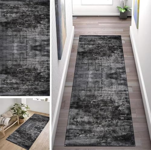Schwarz Grau Teppich Läufer Lang Flur Küche Rutschfest Waschbar Geometrisch Teppichmattent 60X400cm Vintage Küchenläufer Küchenteppich Meterware Esszimmer Schlafzimmer Wohnzimmer Schmutzfangmatte von ZUZEKU
