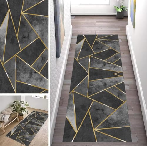 Teppich Läufer Lang Flur Küche rutschfest waschbar Teppichmatten Modern Design Küchenläufer Abstract Grau Gold 80X400cm Küchenteppich Meterware Esszimmer Schlafzimmer Wohnzimmer Schmutzfangmatte von ZUZEKU