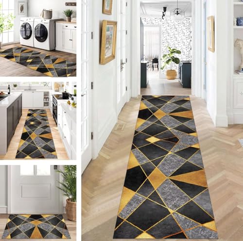 Teppich Läufer Lang Flur Küche rutschfest waschbar Teppichmatten Modern Design Küchenläufer Schwarz Grau Braun Gelb 60X300cm Küchenteppich Meterware Esszimmer Schlafzimmer Wohnzimmer Schmutzfangmatte von ZUZEKU