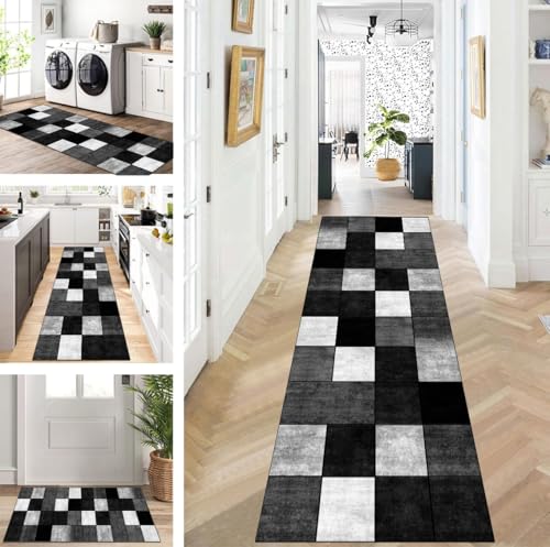 Teppich Läufer Lang Flur Küche rutschfest waschbar Teppichmatten Modern Design Küchenläufer Schwarz Weiß Grau 80X180cm Küchenteppich Meterware Esszimmer Schlafzimmer Wohnzimmer Schmutzfangmatte von ZUZEKU