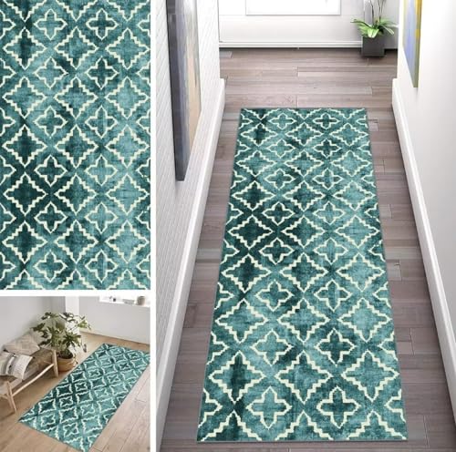 ZUZEKU Abstrakte Grün Läufer Flur Küche Waschbar rutschfest 40X150cm Vintage Lang Küchenteppich Flurteppich Teppich Fur Korridor Wohnzimmer Schlafzimmer Meterware Anpassbar von ZUZEKU