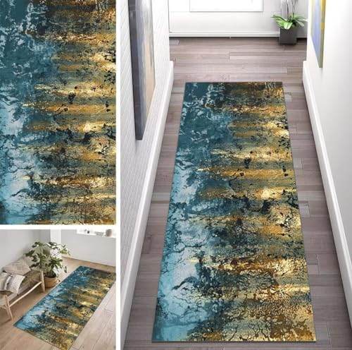 ZUZEKU Abstrakte Läufer Flur Küche Waschbar rutschfest 100X160cm Vintage Blau Gelb Lang Küchenteppich Flurteppich Teppich Fur Korridor Wohnzimmer Schlafzimmer Meterware Anpassbar von ZUZEKU