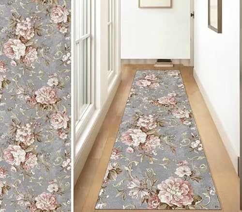 ZUZEKU Abstrakte Läufer Flur Küche Waschbar rutschfest 40X90cm Vintage 3D Blumen Lang Küchenteppich Flurteppich Teppich Fur Korridor Wohnzimmer Schlafzimmer Meterware Anpassbar von ZUZEKU