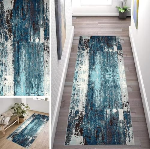 ZUZEKU Abstrakte Läufer Flur Küche Waschbar rutschfest 80X150cm Vintage Blau Lang Küchenteppich Flurteppich Teppich Fur Korridor Wohnzimmer Schlafzimmer Meterware Anpassbar von ZUZEKU