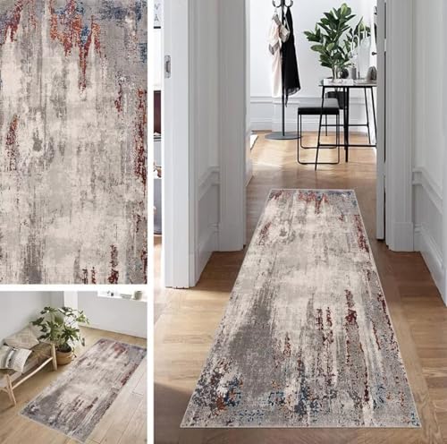ZUZEKU Abstrakte Läufer Flur Küche Waschbar rutschfest 90X450cm Vintage Grau und Rot Lang Küchenteppich Flurteppich Teppich Fur Korridor Wohnzimmer Schlafzimmer Meterware Anpassbar von ZUZEKU