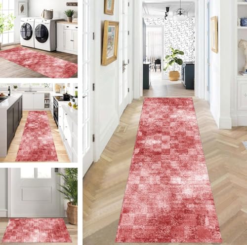 ZUZEKU Abstrakte Läufer Flur Küche Waschbar rutschfest Korridor Teppichmatten 100X160cm Lang Rot Küchenteppich Flurteppich Läufer Schlafzimmer Esszimmer Polyester Teppichläufer Meterware Anpassbar von ZUZEKU