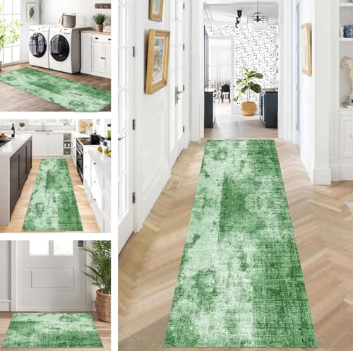 ZUZEKU Abstrakte Läufer Flur Küche Waschbar rutschfest Korridor Teppichmatten 100X180cm Lang Grün Küchenteppich Flurteppich Läufer Schlafzimmer Esszimmer Polyester Teppichläufer Meterware Anpassbar von ZUZEKU
